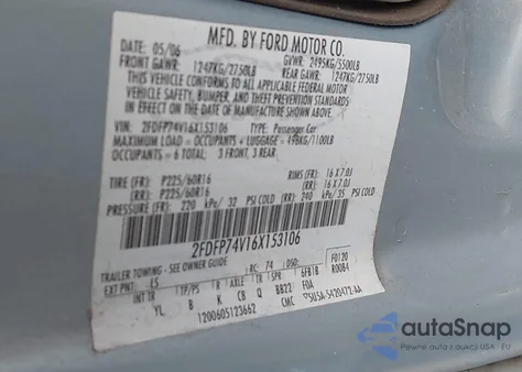 2006 Ford Crown Victoria Lx/Lx Sport z USA, uszkodzony, nr VIN 2FDFP74V16X153106